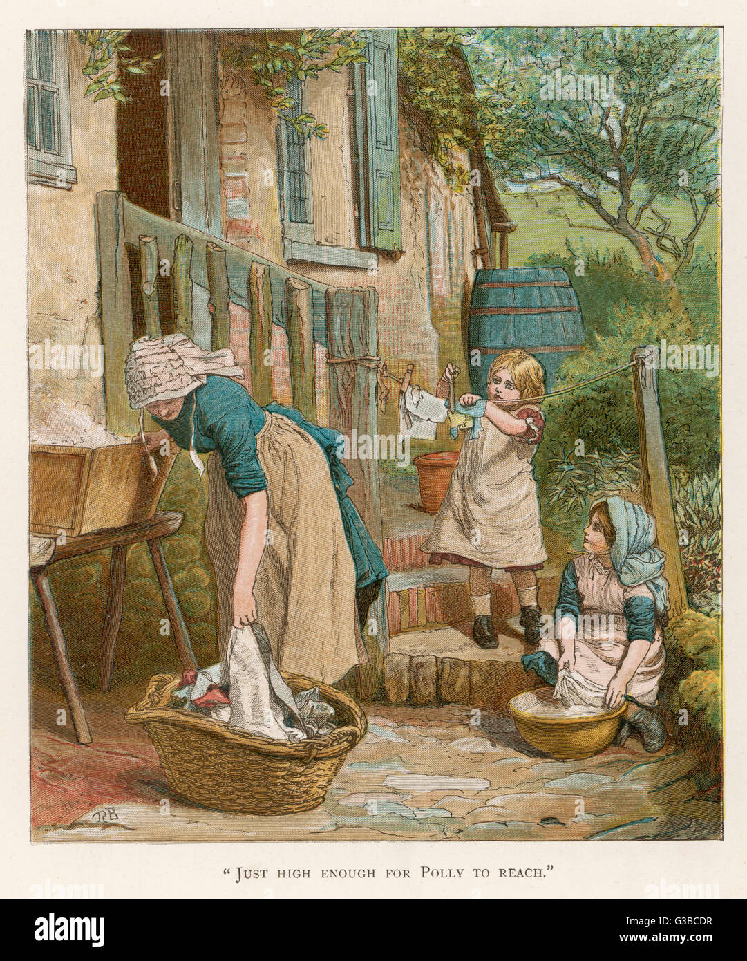 Two little girls help their  mother with the laundry on washday.       Date: circa 1884 Stock Photo