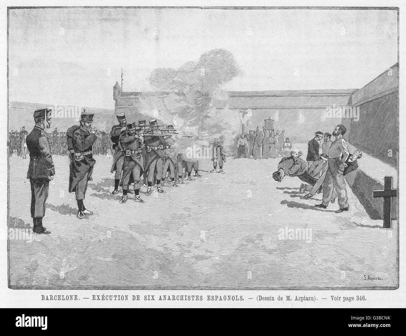 FIRING SQUAD Six anarchists are shot by a  firing squad, Barcelona.        Date: 19th century Stock Photo