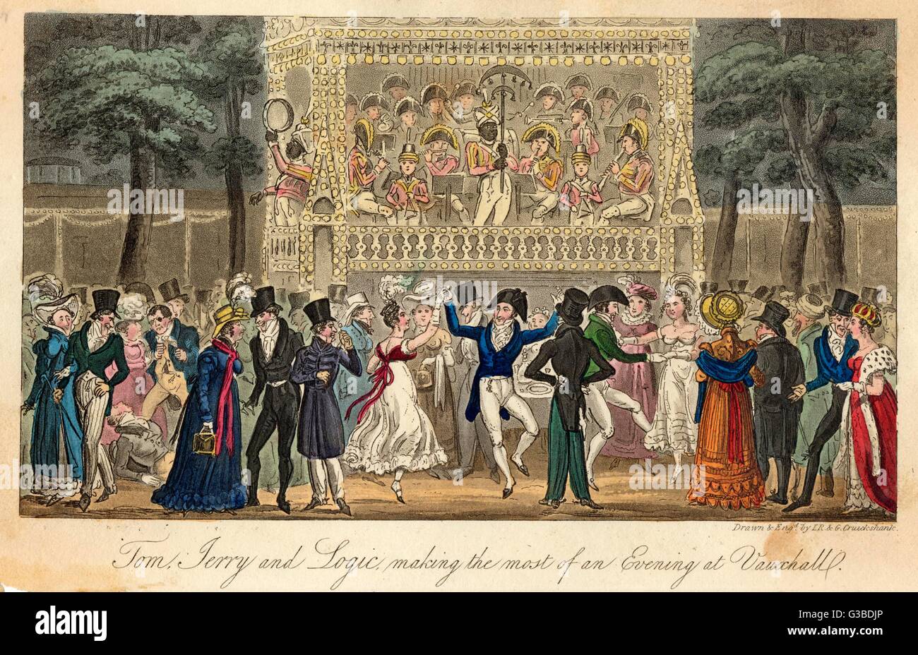 Corinthian Tom, Jerry  Hawthorn, Esq. &amp; Bob Logic, make the most of an evening at  Vauxhall Gardens.       Date: First published: 1820 Stock Photo