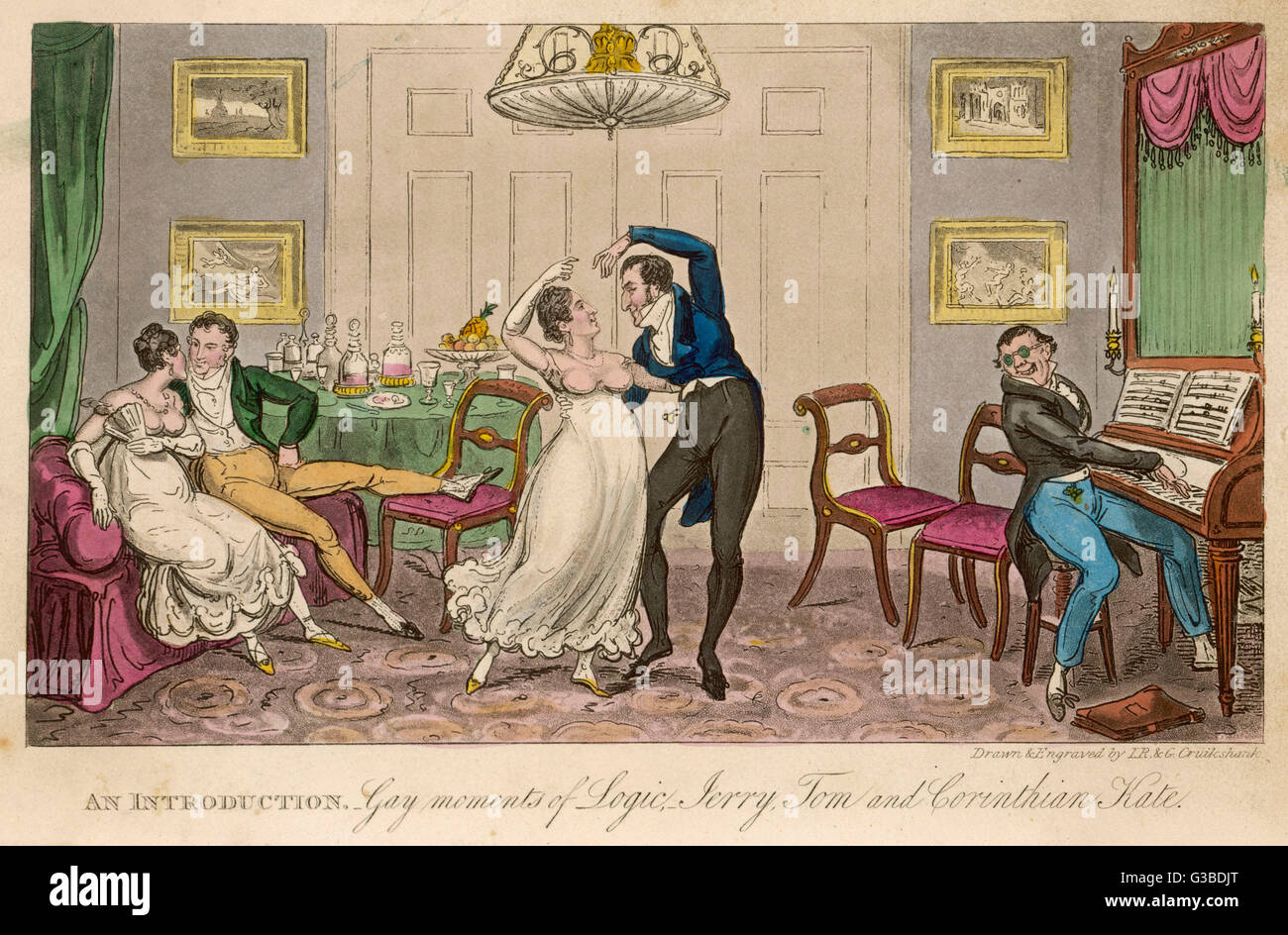 Three elegant young fellows: Tom, Jerry &amp; Bob, enjoy the company of  Corinthian Kate at her home. Date: First published: 1820 Stock Photo - Alamy