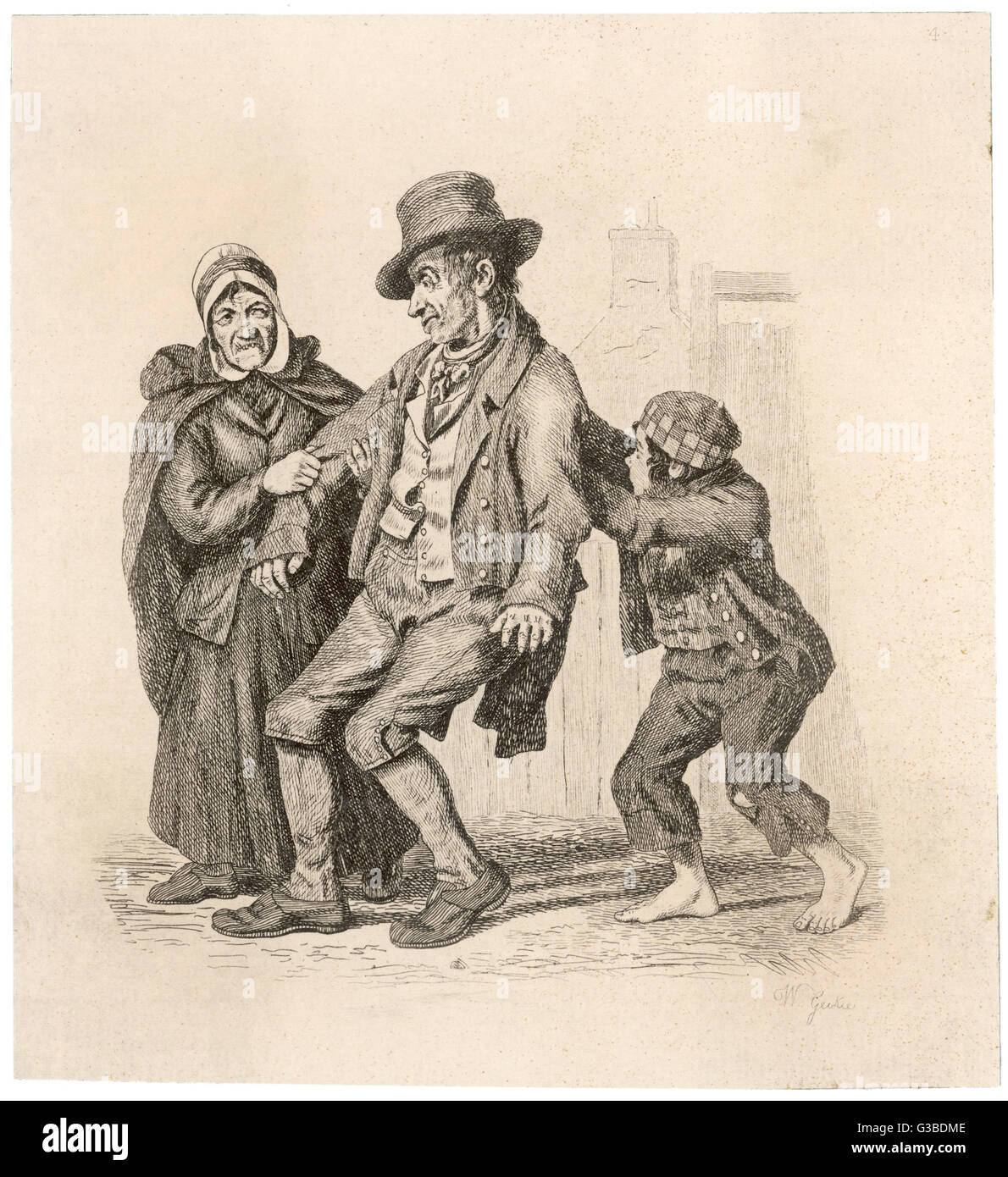 Drunken Man supported by his Wife and Child Stock Photo