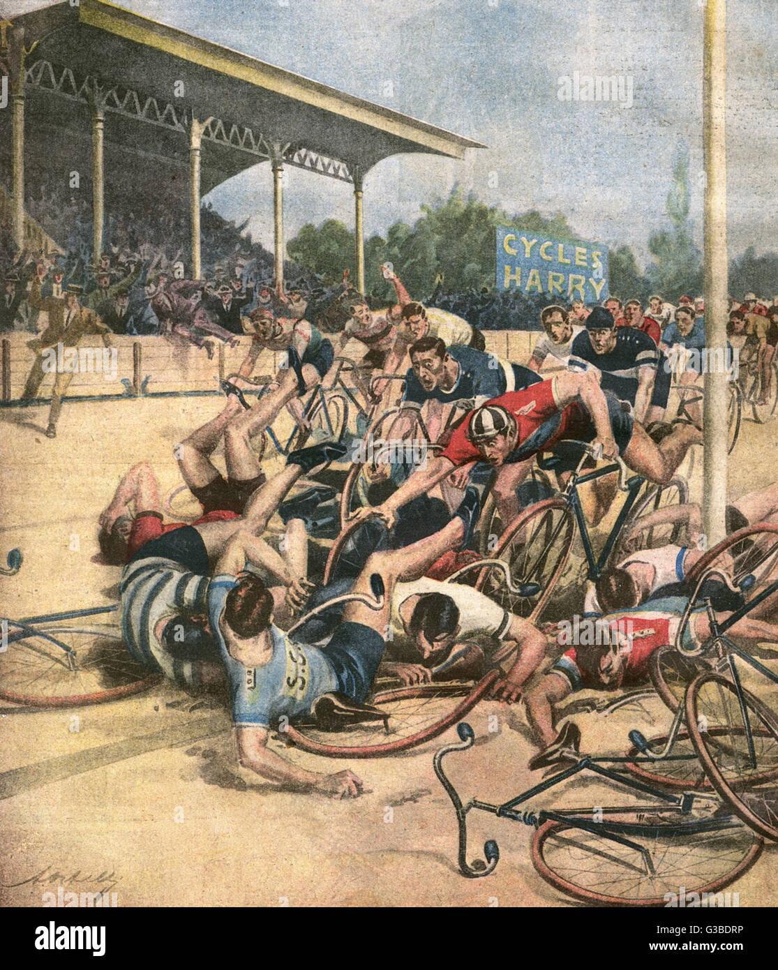 During the 100 kilometre race  at New York, a nasty pile-up  occurs involving several  riders.      Date: August 1923 Stock Photo