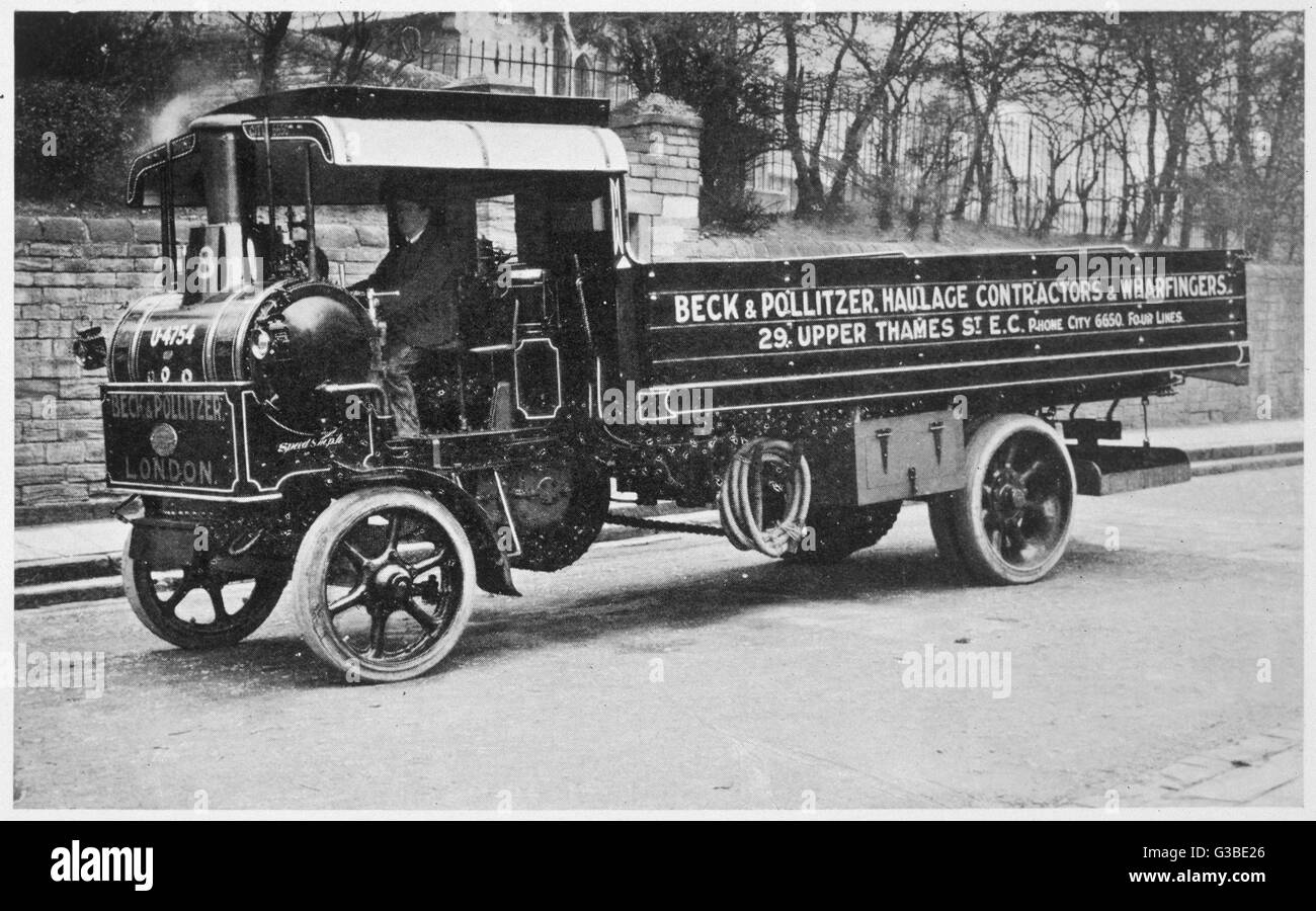 Steam wagon used by Beck and  Politzer, haulage contractors  and wharfingers : even at this  date, steam power is widely  used for heavy-duty carriage.     Date: circa 1923 Stock Photo