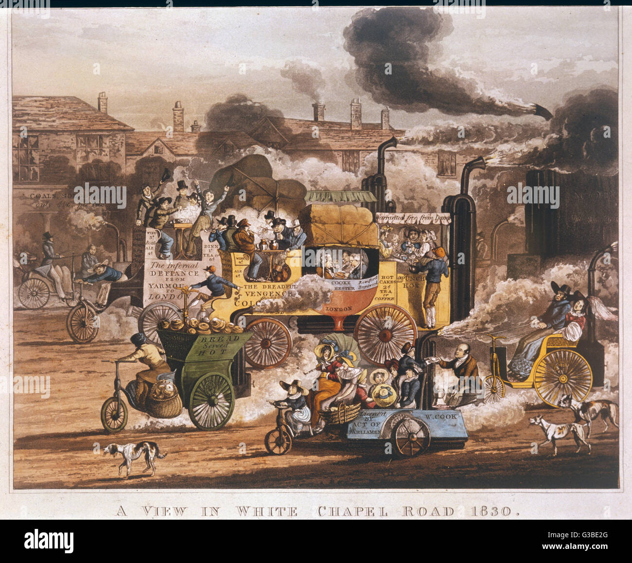 The widespread activity,  seeking to harness steam power  to road transport, is  satirised in this view of the  Whitechapel Road where horse  drawn vehicles are no more...     Date: 1830 Stock Photo