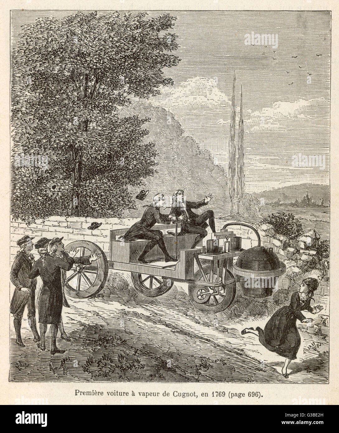 Cugnot's first steam carriage  causes alarm when he takes it  on a trial trip.    1769 Stock Photo