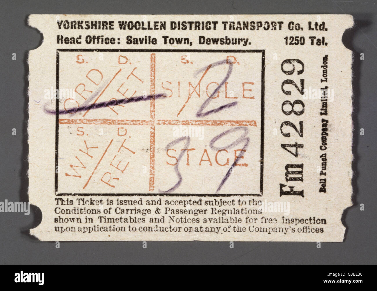 Bus ticket issued by the  YORKSHIRE WOOLLEN DISTRICT  TRANSPORT COMPANY, Dewsbury.       Date: unknown Stock Photo