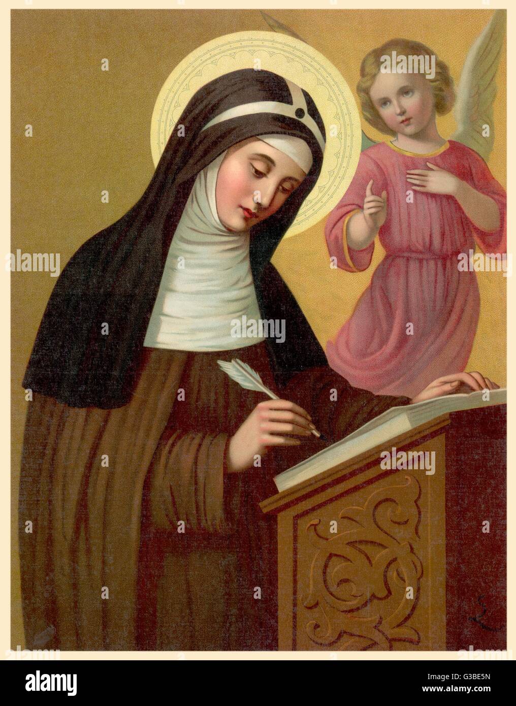 SAINT BRIGID Irish abbess, depicted receiving help with her writing