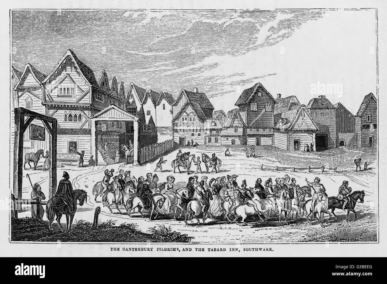 The pilgrims leave the Tabard  Inn Southwark on their  pilgrimage to Canterbury        Date: First published: circa 1387 Stock Photo