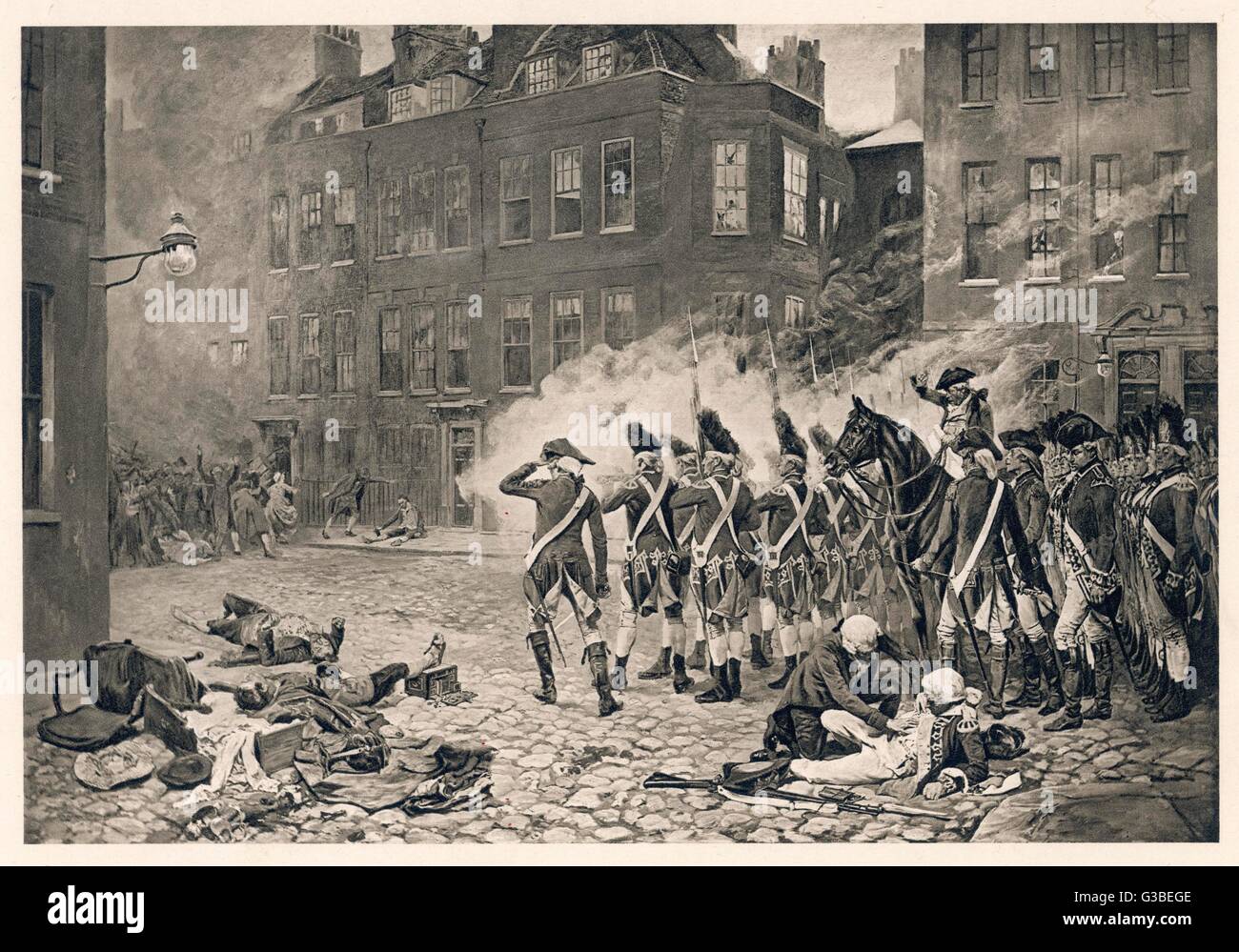 Gordon rioters are pressed  back in the London streets by  government soldiers.        Date: June 1780 Stock Photo