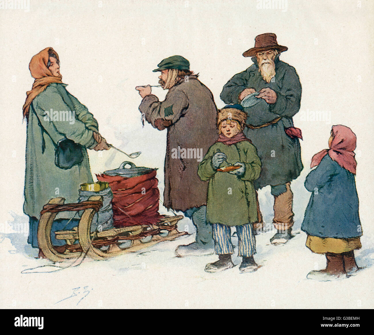 Soup for Russian down-and-outs  is served from a sledge on the  snow-covered street.       Date: 1922 Stock Photo