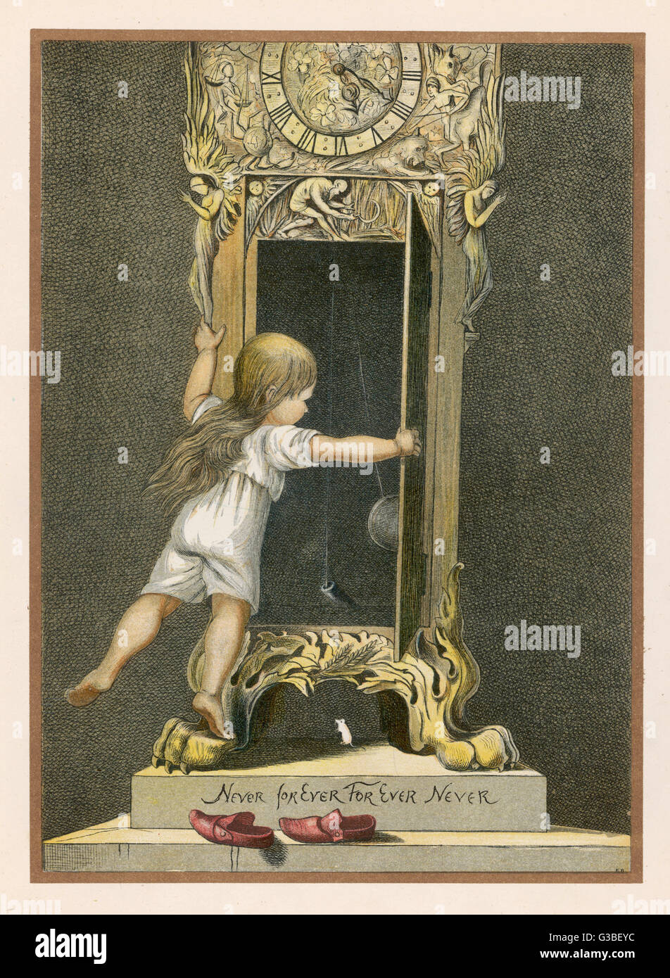 A child watches the swinging pendulum of the grandfather clock Stock