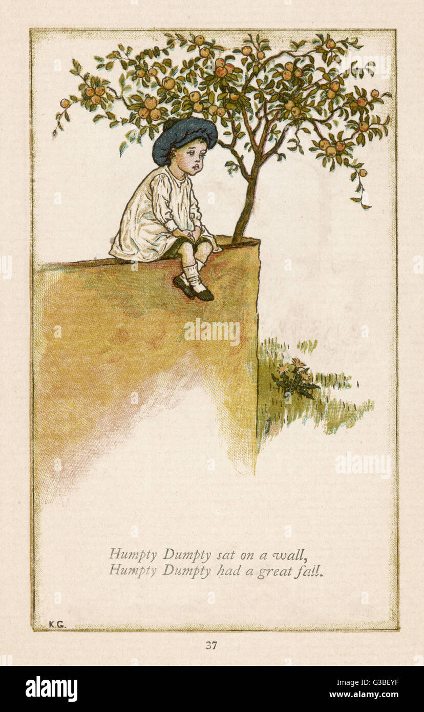 Humpty Dumpty, depicted  sitting on a wall, previous to  the great fall which,  unbeknownst to him, is about  to occur any moment now. Stock Photo