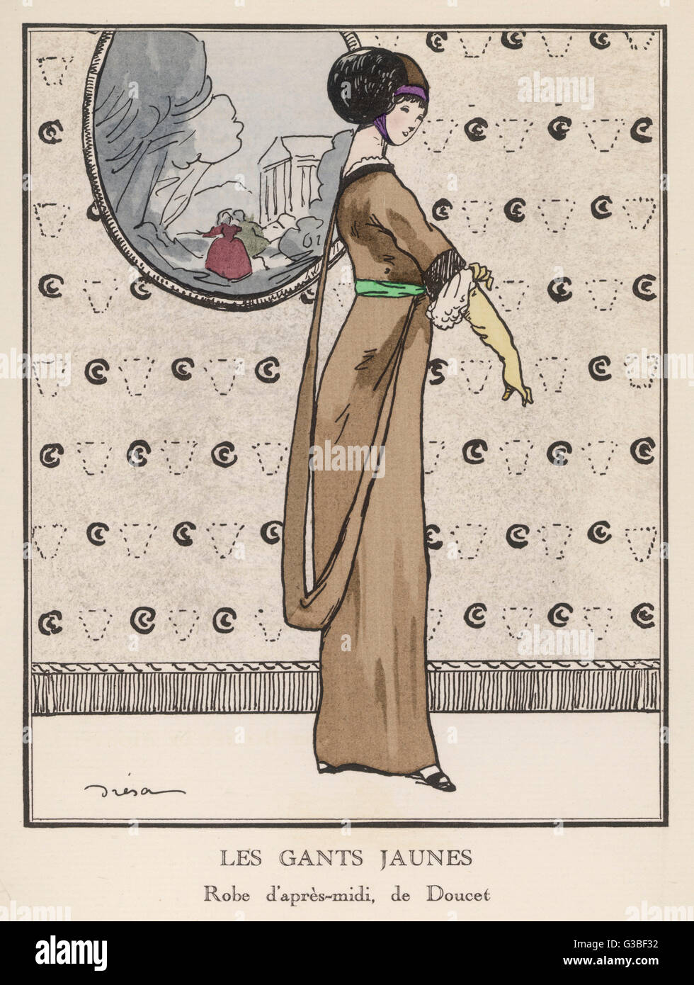 Taupe coloured, high-waisted dress by Doucet with white engageantes, lace  tucker, &amp; a green sash. A narrow piece of drapery hangs from the waist  &amp; back. N.B hat with chin strap. Date: