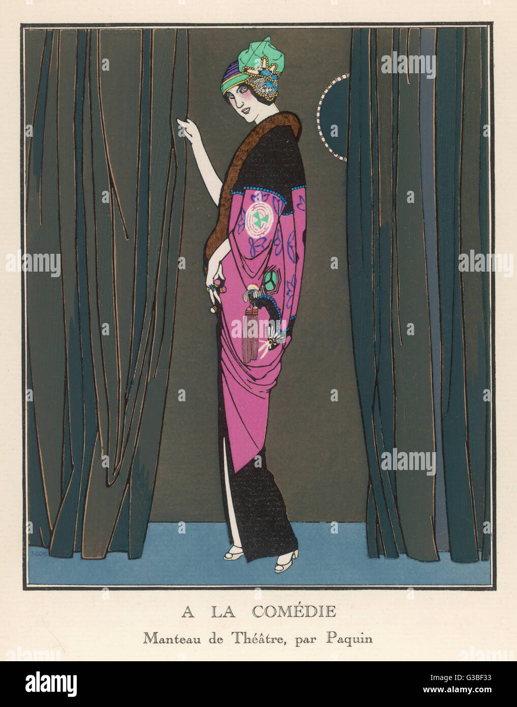 Exotic pink &amp; black kimono  style theatre coat by Paquin  embellished with chinese  embroidery &amp; trimmed with fur.  Her headdress is ornamented  with embroidery &amp; beads.     Date: 1912 Stock Photo