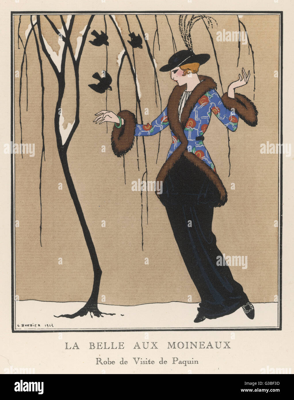 Design by Paquin: black hobble  skirt, fur-trimmed jacket in a  bright floral print cut-away  at the front &amp; creating a  tunic effect, cocked brim hat  with aigrette &amp; buckle shoes.     Date: 1912 Stock Photo