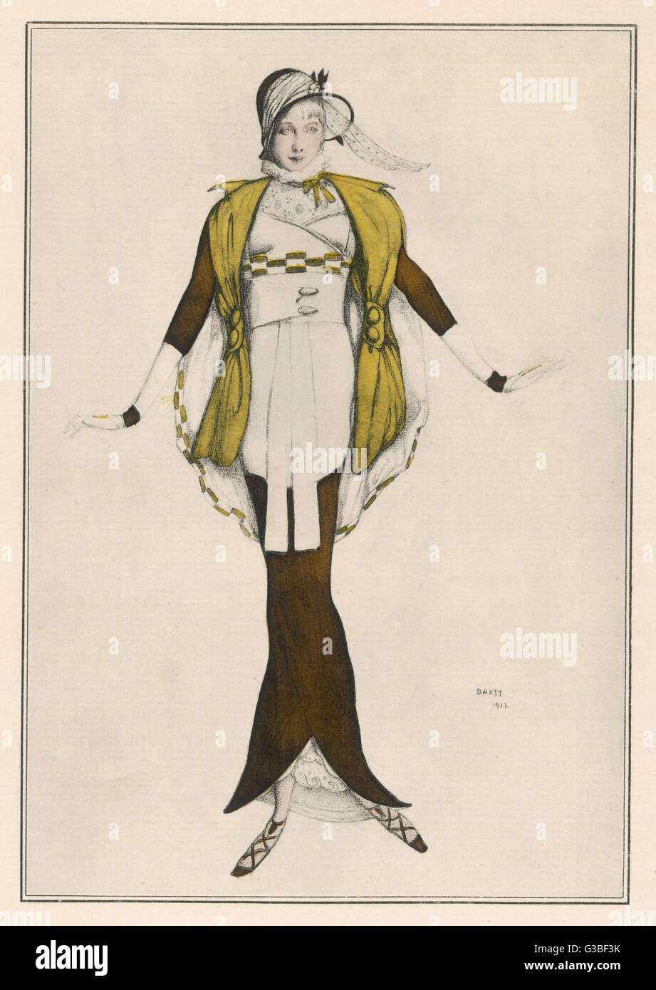 Hobble skirt costume designed &amp; drawn by Bakst &amp; made by Paquin.  The skirt is cut-away at the front creating a split to enable the wearer to  walk. N.B incongruous ruff. Date: