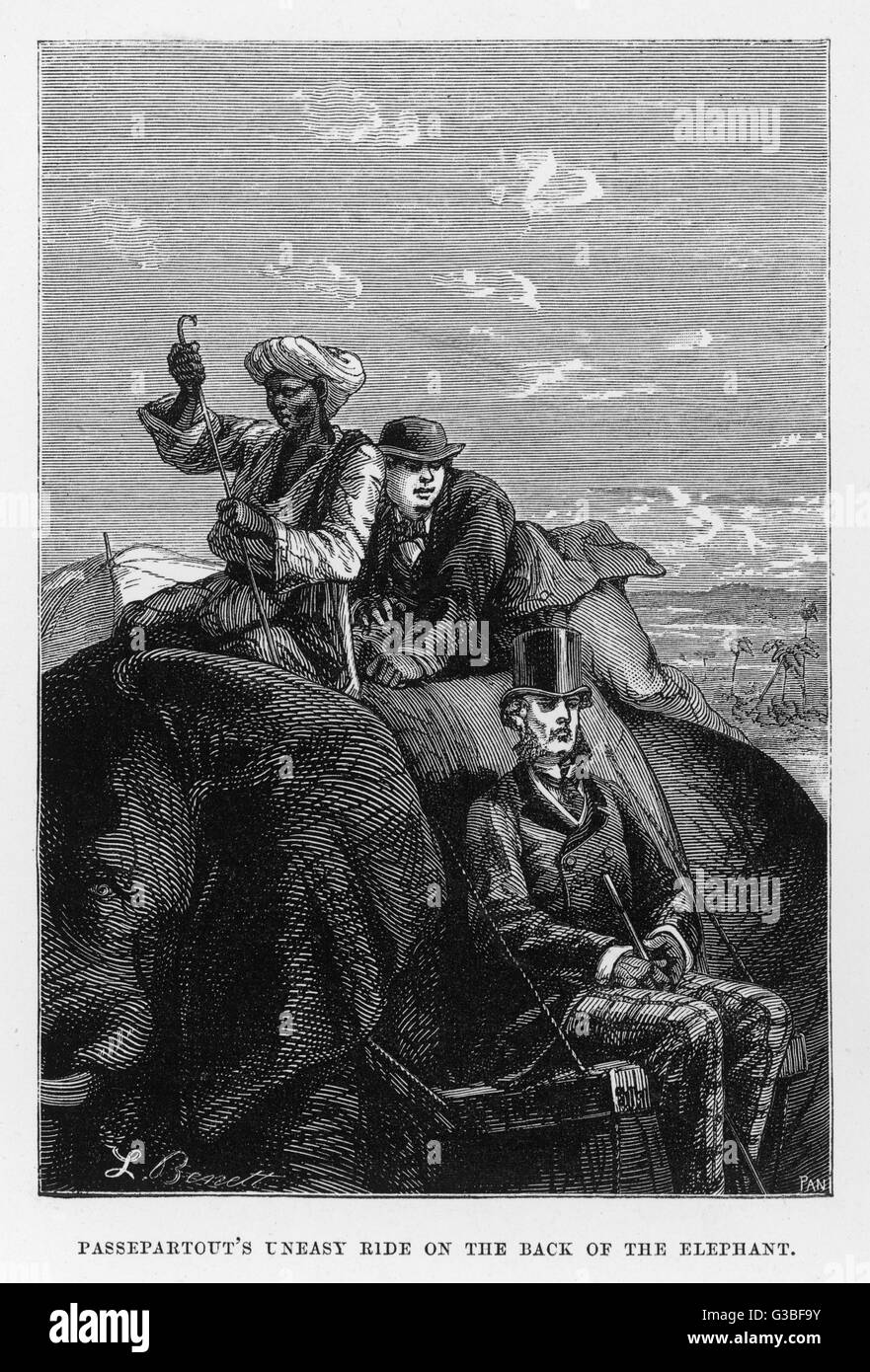 'LE TOUR DU MONDE EN QUATRE- VINGT JOURS' The ride on the elephant -  Fogg in relative comfort,  Passepartout somewhat  unhappy...     Date: first published 1873 Stock Photo