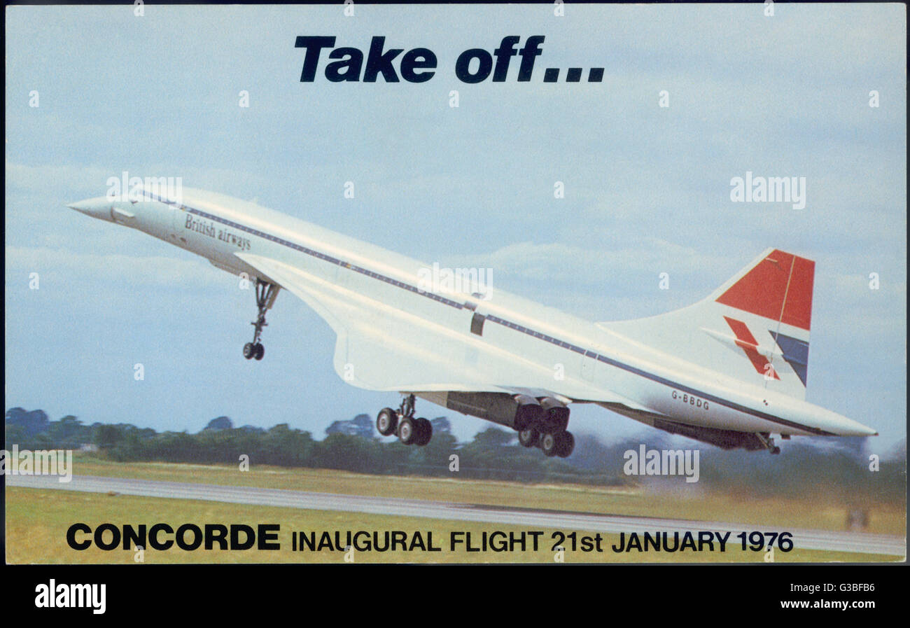 The Anglo-French supersonic  passenger plane leaves the  ground at Heathrow Airport on  its first scheduled commercial  flight.      Date: 21 January 1976 Stock Photo