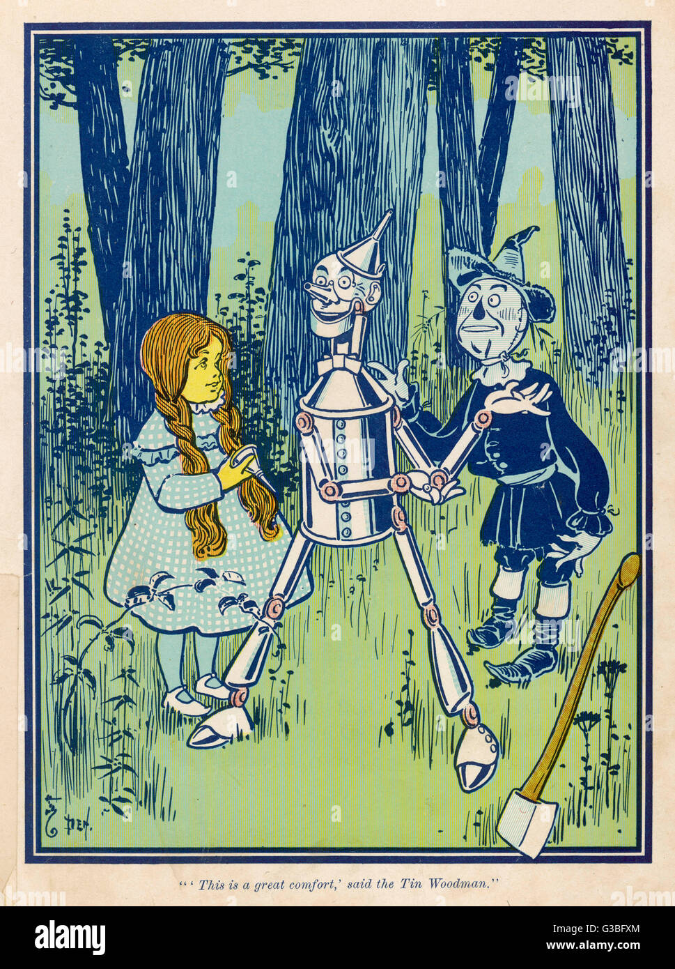 Dorothy oils the Tin Woodman's  joints : 'This is a great  comfort,' he says gratefully.       Date: First published: 1900 Stock Photo