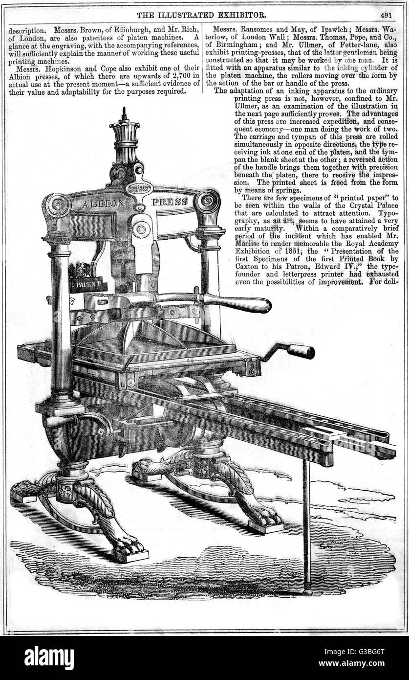 An Albion press by Hopkinson  and Cope of Finsbury, London.  A very well-made and popular press, still in use amongst  artists and printers today.      Date: 1851 Stock Photo