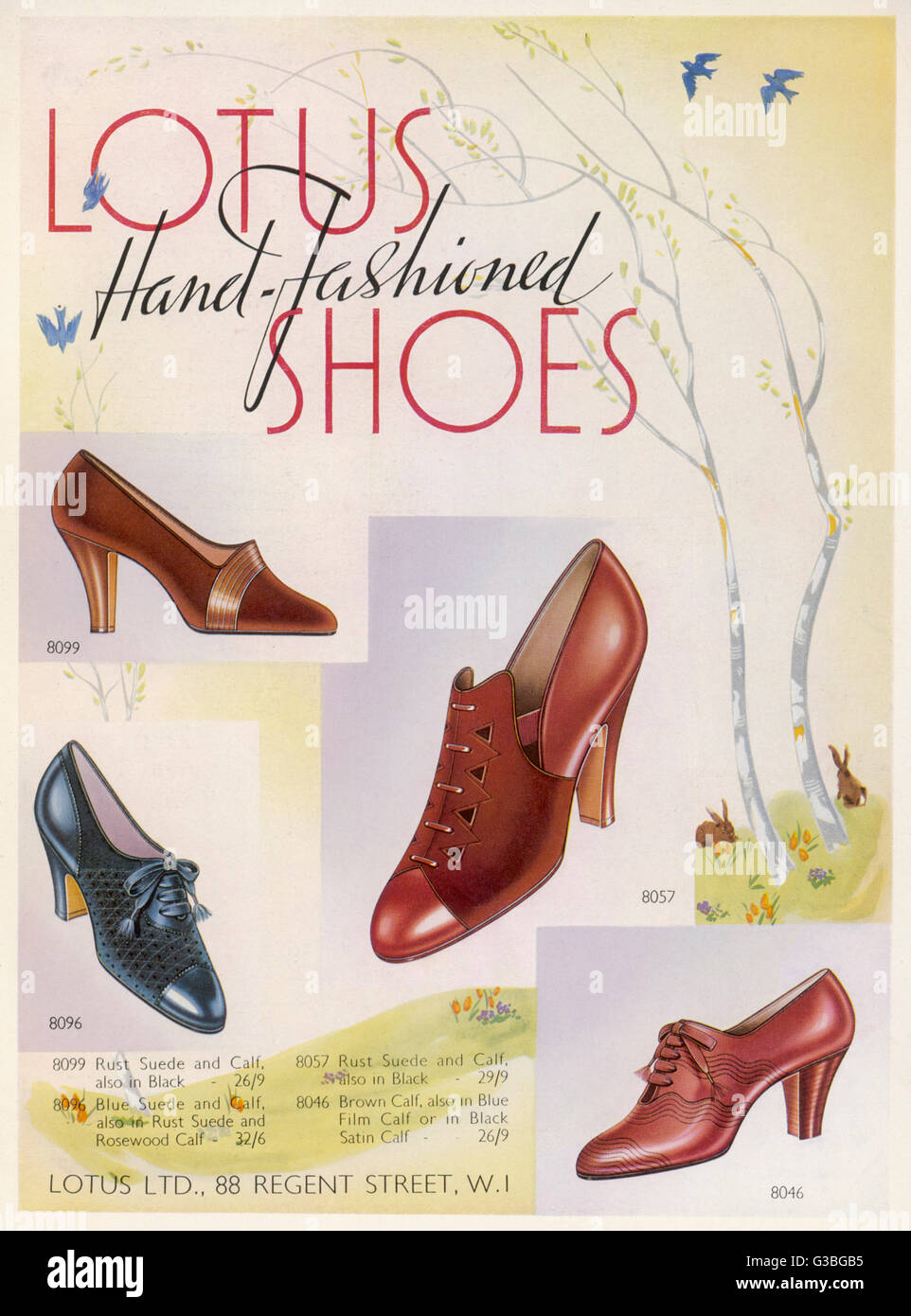 Hand-fashioned Spring shoes  for women by Lotus: a high  heeled suede court shoe, a  shoe with punched out designs  &amp; two styles of heeled lace- up.  1938 Stock Photo