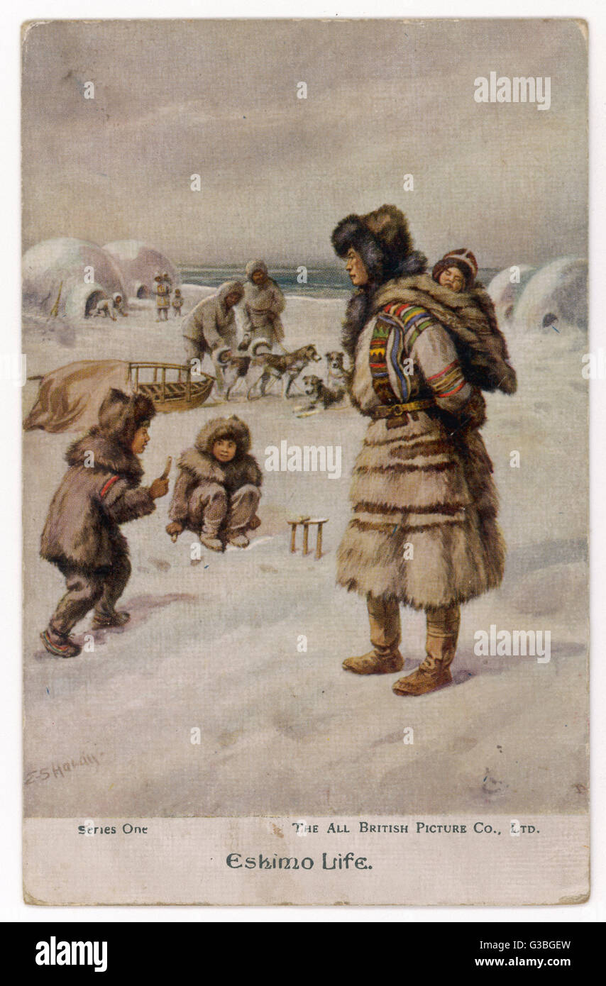 Four sleigh dogs are harnessed  ready for action.  Young  eskimos play in the snow.        Date: 20th century Stock Photo