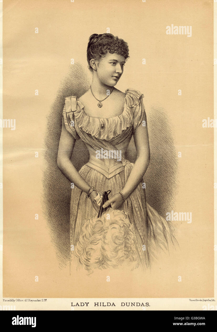 Lady Hilda Dundas in a gown  with a pointed bodice, round  neckline with falling tucker,  small up-gathered sleeves &amp;  epaulettes &amp; a sash worn  across the body.      Date: 1889 Stock Photo