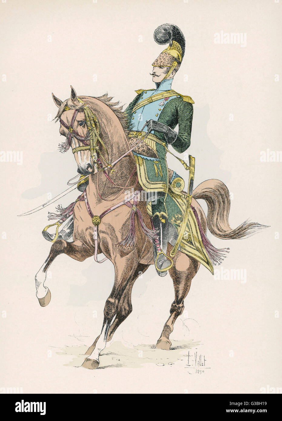 A French lancer of the  Napoleonic period on his  frisky mount.       Date: 1813 Stock Photo