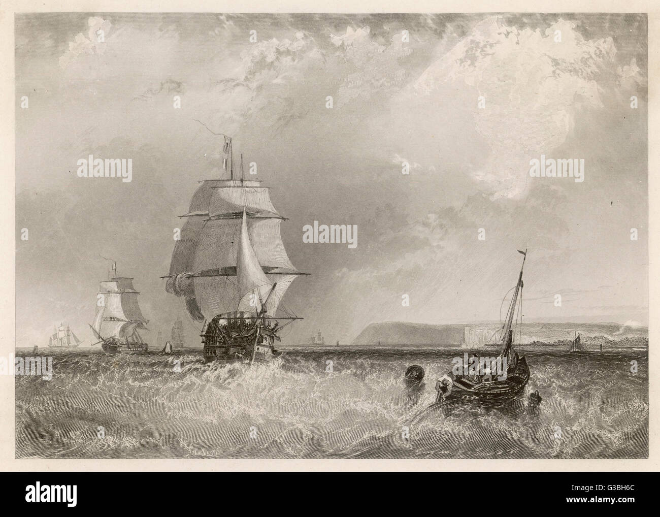 Sailing vessels off the North  Foreland, Kent ; a small  fishing boat is busy in the  foreground.      Date: circa 1840 Stock Photo
