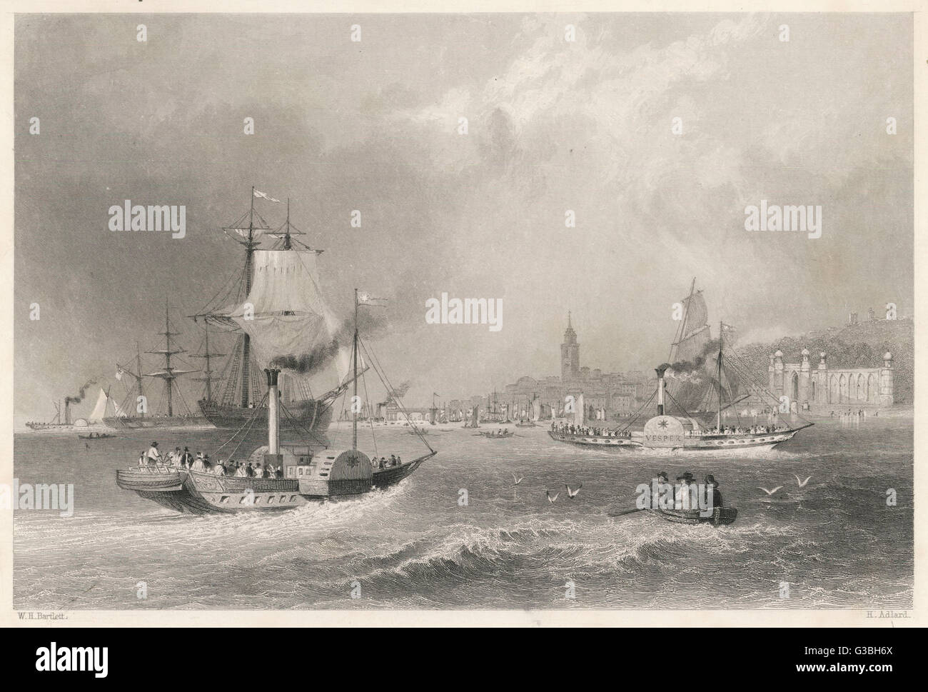 River steamers arriving and  departing back to London from  Gravesend, Kent, at the mouth  of the Thames.      Date: circa 1840 Stock Photo