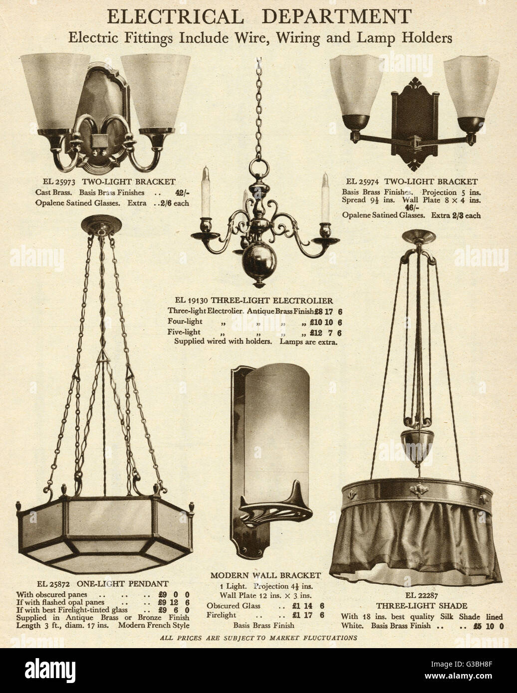Electric ceiling pendant & bracket lights 1929 Stock Photo Alamy