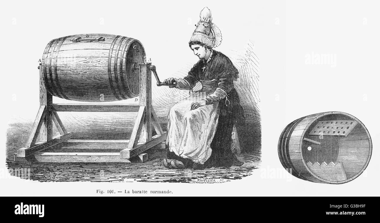 A Normandy Butter churn in action and in crosssection, showing the shaped interior paddles for