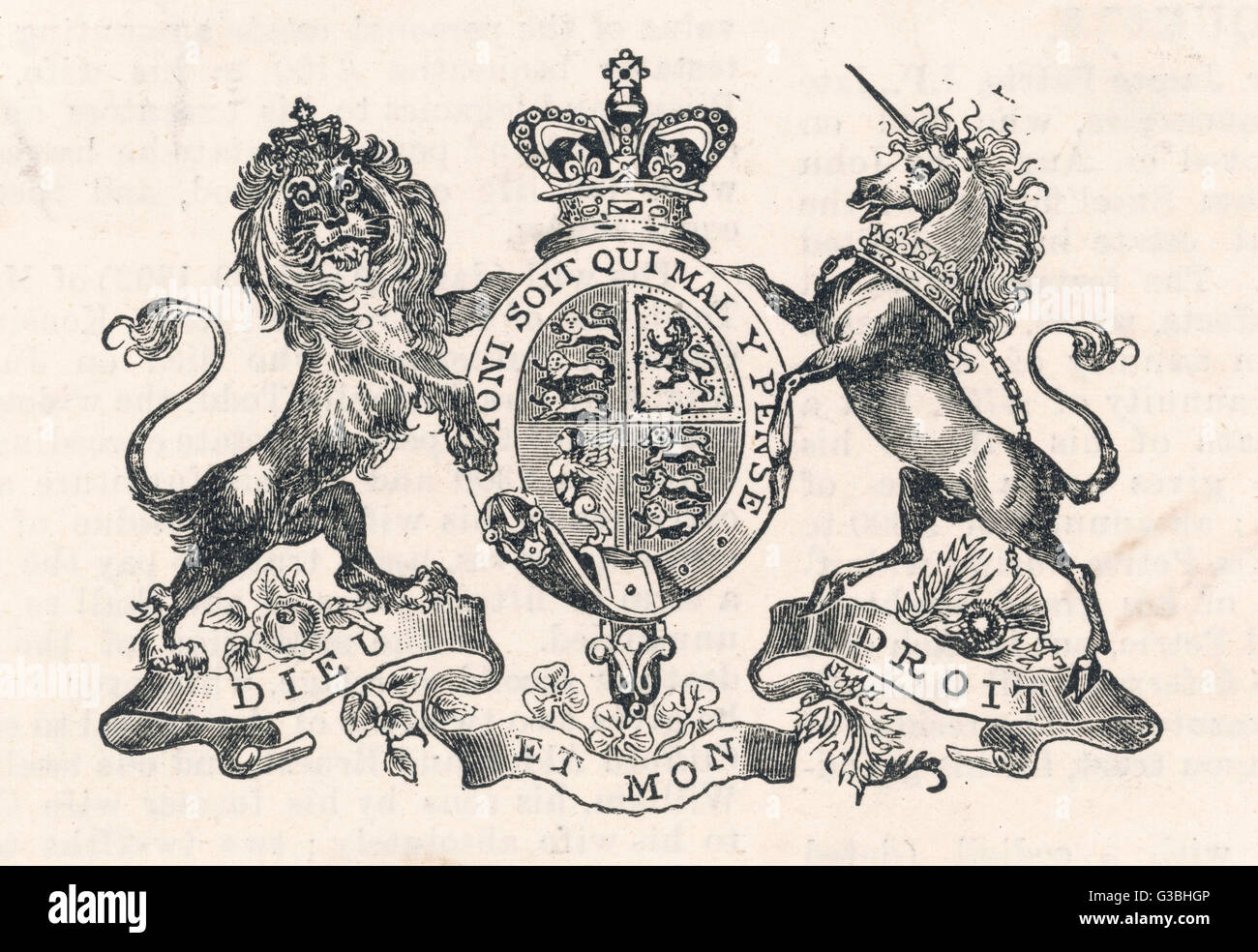 The royal coat of arms of  Queen Victoria.        Date: circa 1851 Stock Photo