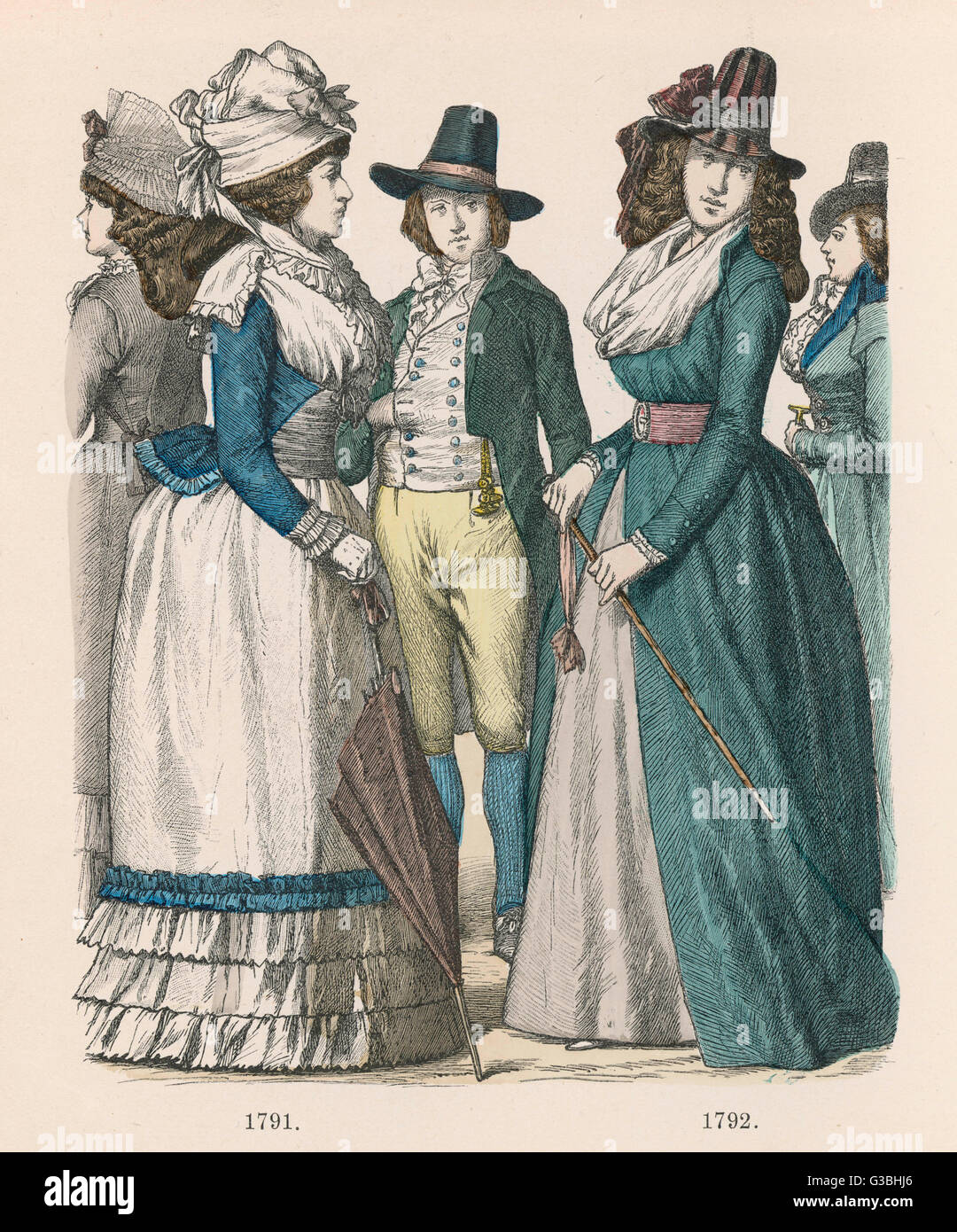 Man: top hat with a tapering  crown &amp; cut-away coat. Women:  buffonts (buffons), belt with  medallion buckle, a skirt with  a vandkyked &amp; oranmented hem,  pierrot jacket.     Date: 1791 - 1792 Stock Photo
