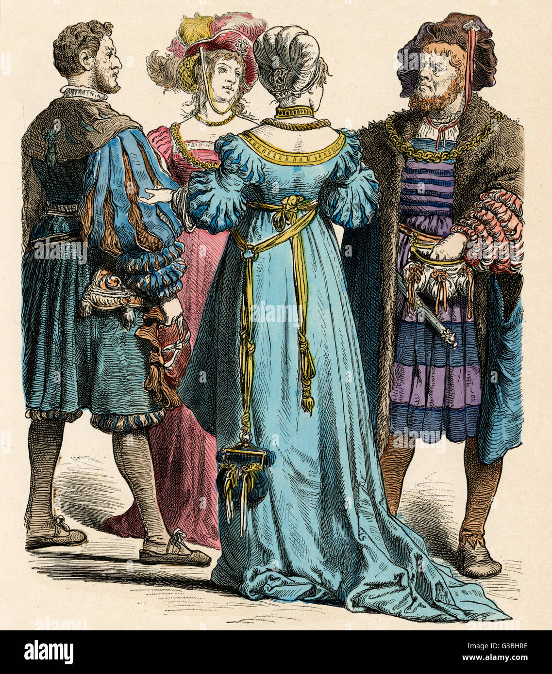 German townspeople of the  early 16th century. Their  sleeves are decorated with  panes (form of slashing). Note  the lady's purse suspended  from a girdle.     Date: circa 1515 Stock Photo