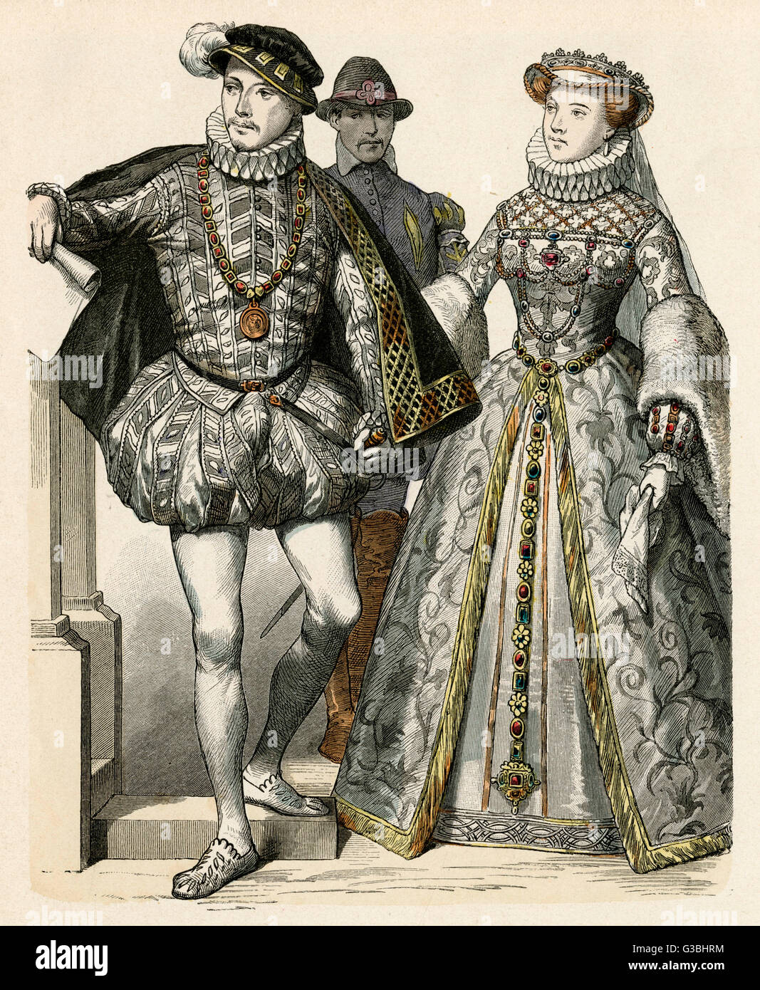 Man: trunk hose with 'panes' &amp;  padded with bombast, doublet,  cod-piece, cloak, flat cap  &amp; feather, cut-fingered pumps.  Woman: sleeves with deep fur  cuffs, Spanish farthingale.     Date: mid 16th century Stock Photo