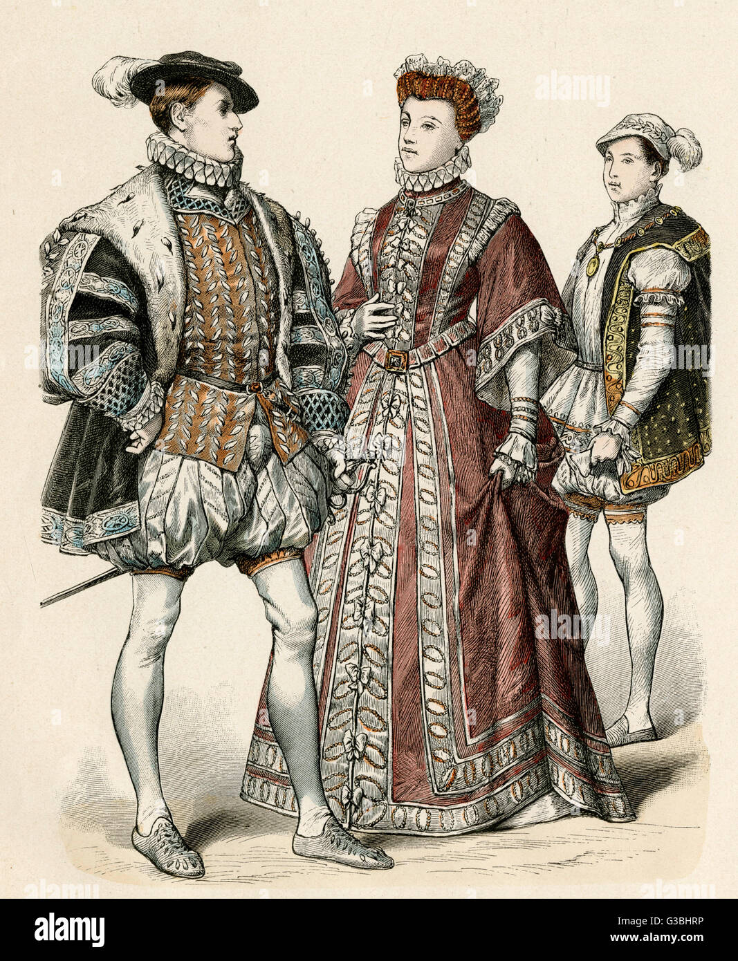 Man: trunk hose with 'panes' &amp;  padded with bombast, doublet,  cod-piece, cloak, flat cap  &amp; feather, ermine lined gown.  Woman: bodice &amp; skirt fastens down the front with bows.     Date: mid 16th century Stock Photo