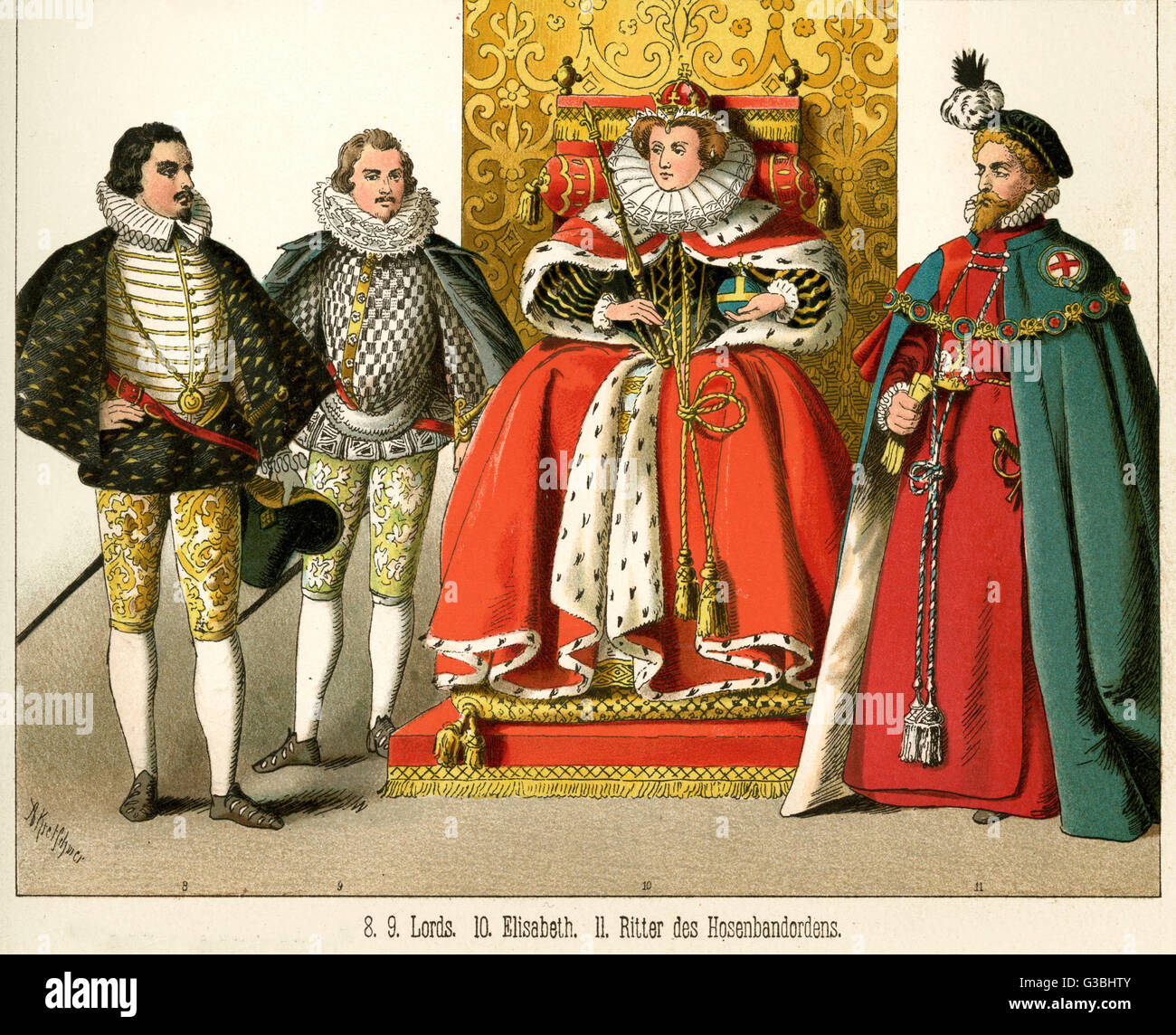 Nobleman &amp; Knight of the Order  of the Garter at the court of  Queen Elizabeth I. N.B trunk- hose, canions, peascod-bellied  doublets, ruffs, cloaks,  copotain hat, gowns, flat cap     Date: circa 1590 Stock Photo