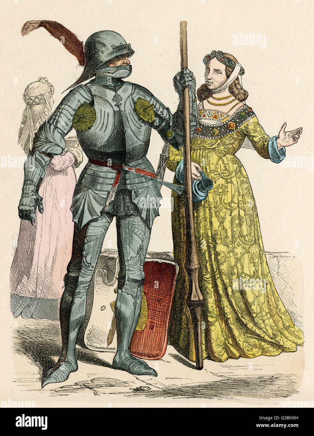 German Knight and his lady. He  wears a full suit of armour,  she wears an ornately  patterned gown and a burlet  and barbette over plaited  hair.     Date: 15th century Stock Photo