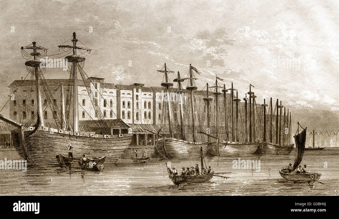 The West India Docks,  Isle of Dogs in London, England, 19th century Stock Photo