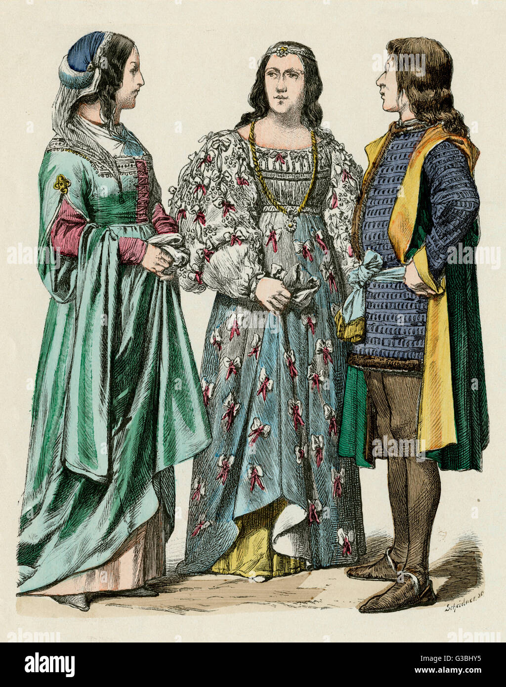 Italian costume gown with hanging sleeves & laced across the kirtle bodice; gown with large