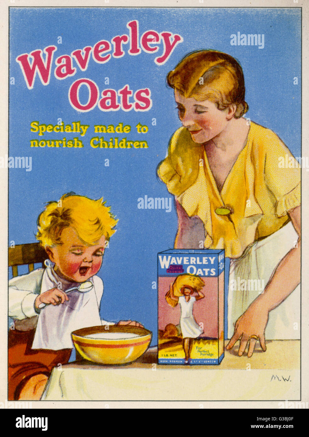 A young boy eats his way  through a huge bowlful of  WAVERLEY OATS - and no wonder  he's enthusiastic, for they are specially made to nourish  Children !     Date: 1930s Stock Photo