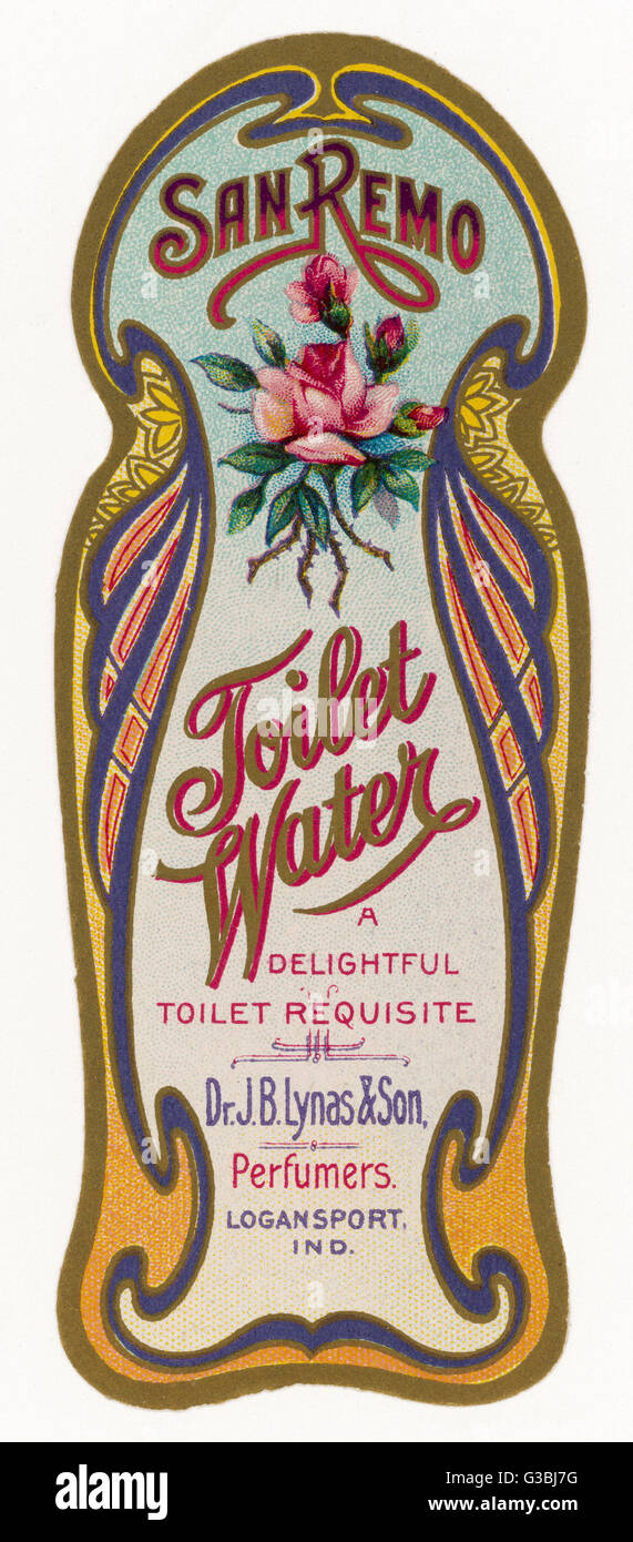 Despite the art nouveau label  and the name, San Remo Toilet  Water ('a delightful toilet  requisite') is manufactured by  Lymas perfumers of Logansport,  Indiana.     Date: early 20th century Stock Photo