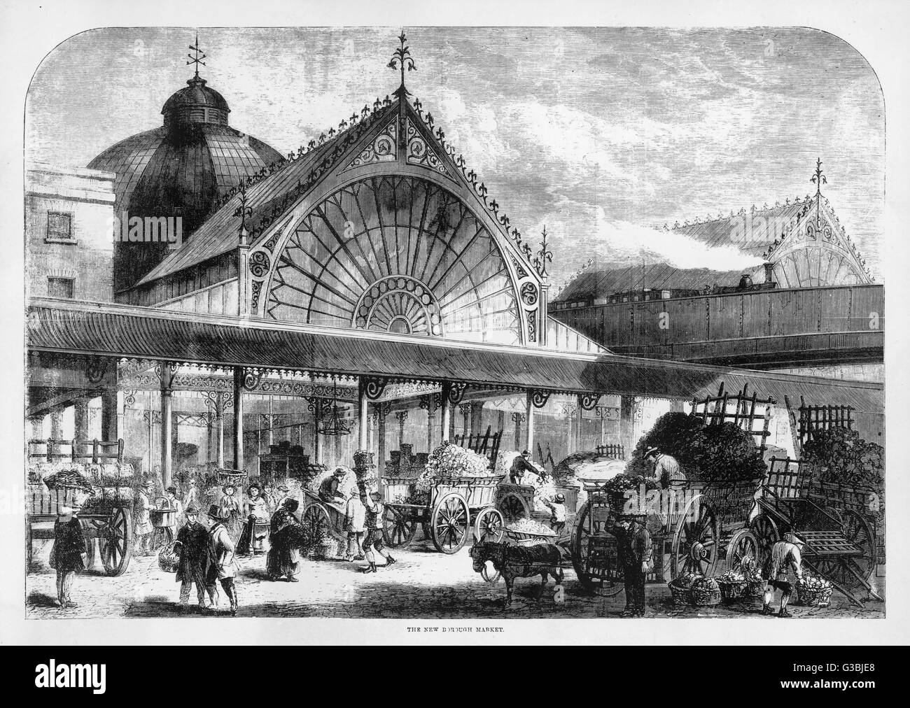 The new Borough market is full of people buying their  vegetables        Date: 1864 Stock Photo