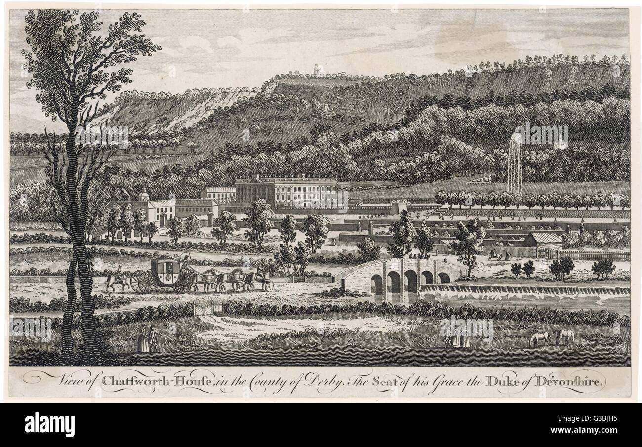 Chatsworth House &amp; its  extensive, landscaped grounds  in the middle of the 18th  century. Avenues of trees,  walled gardens, waterworks &amp;  fountain are depicted.     Date: 18th century Stock Photo