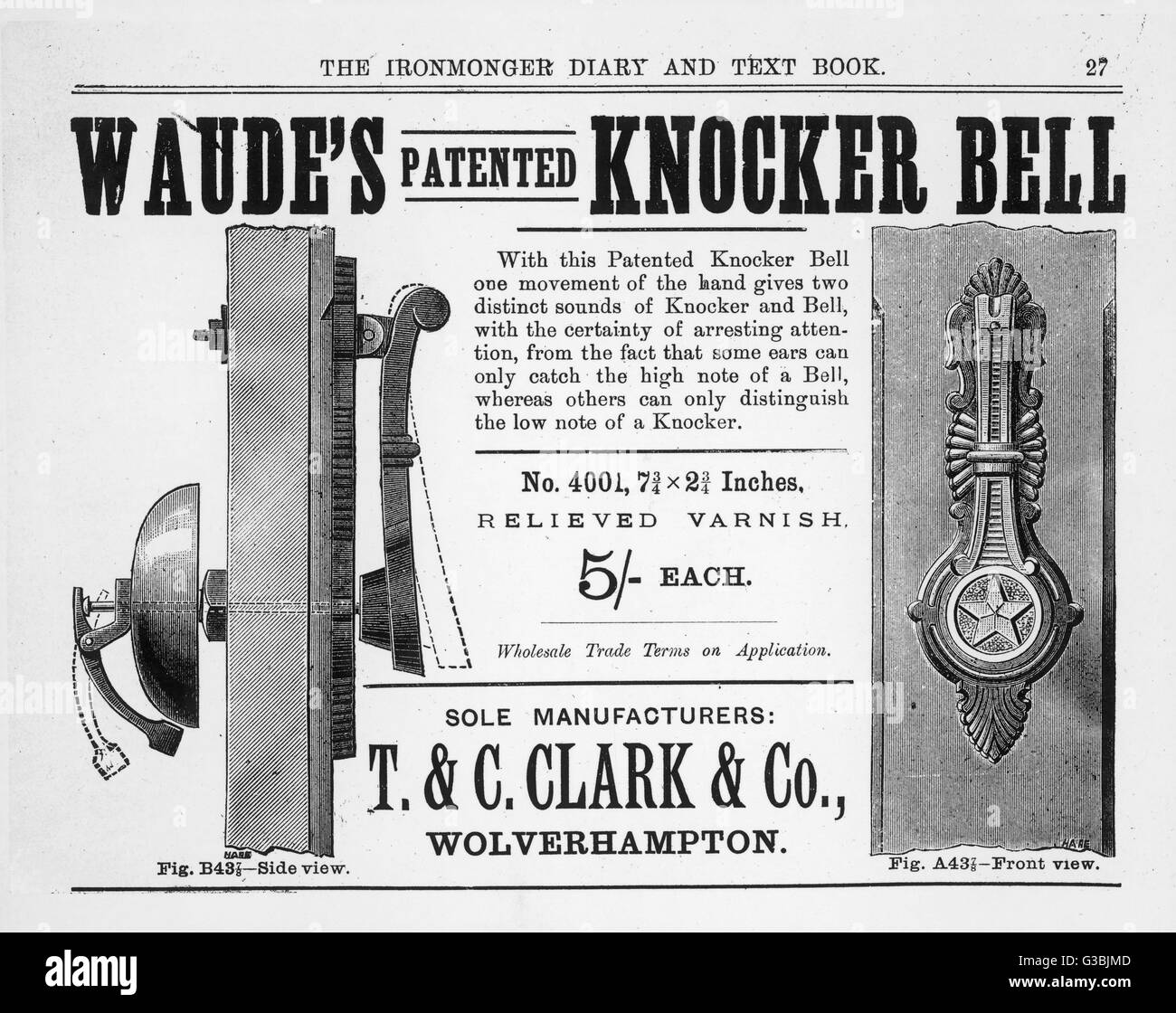 Waude's patented 'Knocker  Bell', where one movement of  the hand gives the two  distinct sounds! Advertisement  from a late 19th century trade catalogue.     Date: 1885 Stock Photo