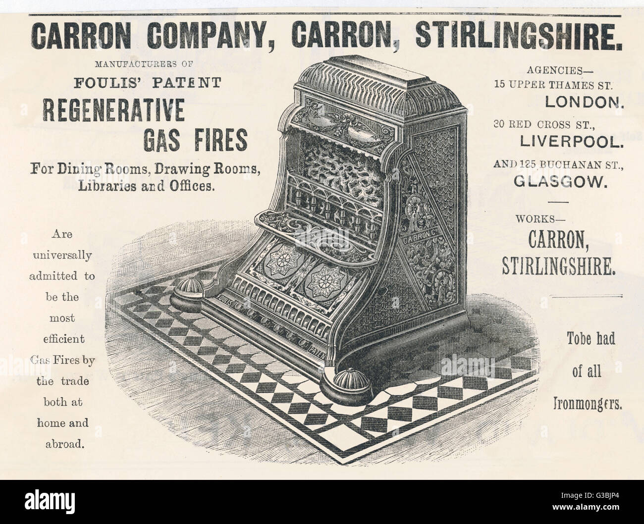 Foulis' Patent Regenerative  Gas fire, supplied by the  Carron Company. 'Universally  admitted to be the most  efficient gas fires by the  trade both at home and abroad'     Date: 1889 Stock Photo