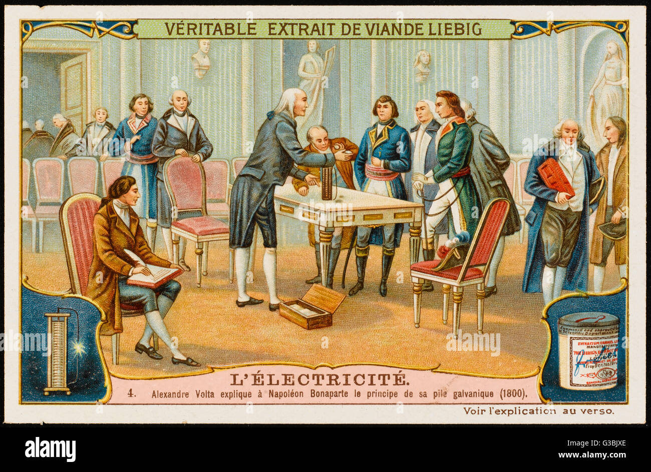 Alessandro Volta demonstrates  to Napoleon I his 'voltaic  pile' - a battery capable of  storing the force created by  an electric motor.      Date: 1800 Stock Photo