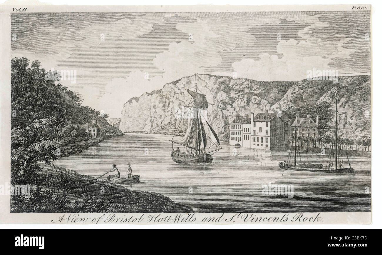 Bristol Hot Wells and St  Vincent's Rock, in the Avon  Gorge above Bristol.  Later  the river will be spanned by  the Clifton suspension bridge.      Date: circa 1750 Stock Photo