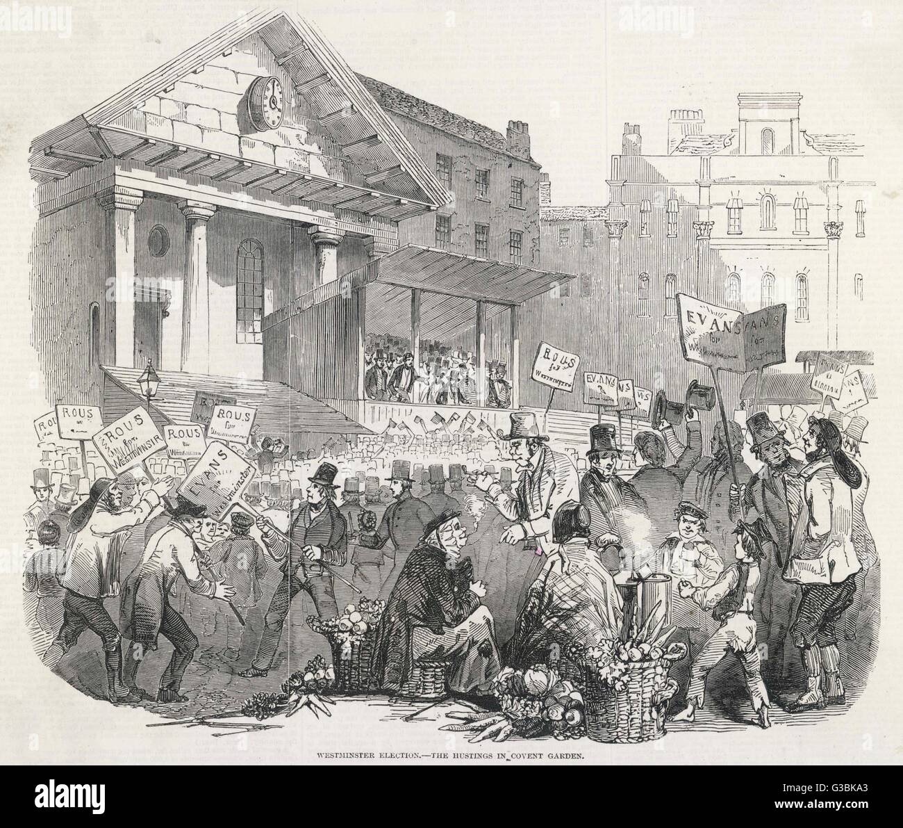 THE WESTMINSTER ELECTION : the  hustings in Covent Garden,  adjoining St Paul's church -  market women watch as the  voters choose between Evans  and Rous.     Date: 1846 Stock Photo